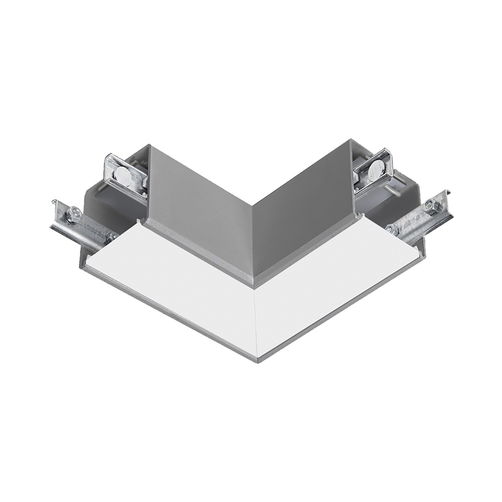 Giunto elettrico a L grigio per sistema LED YEN mono e binario, connessione sicura e compatta per installazioni elettriche