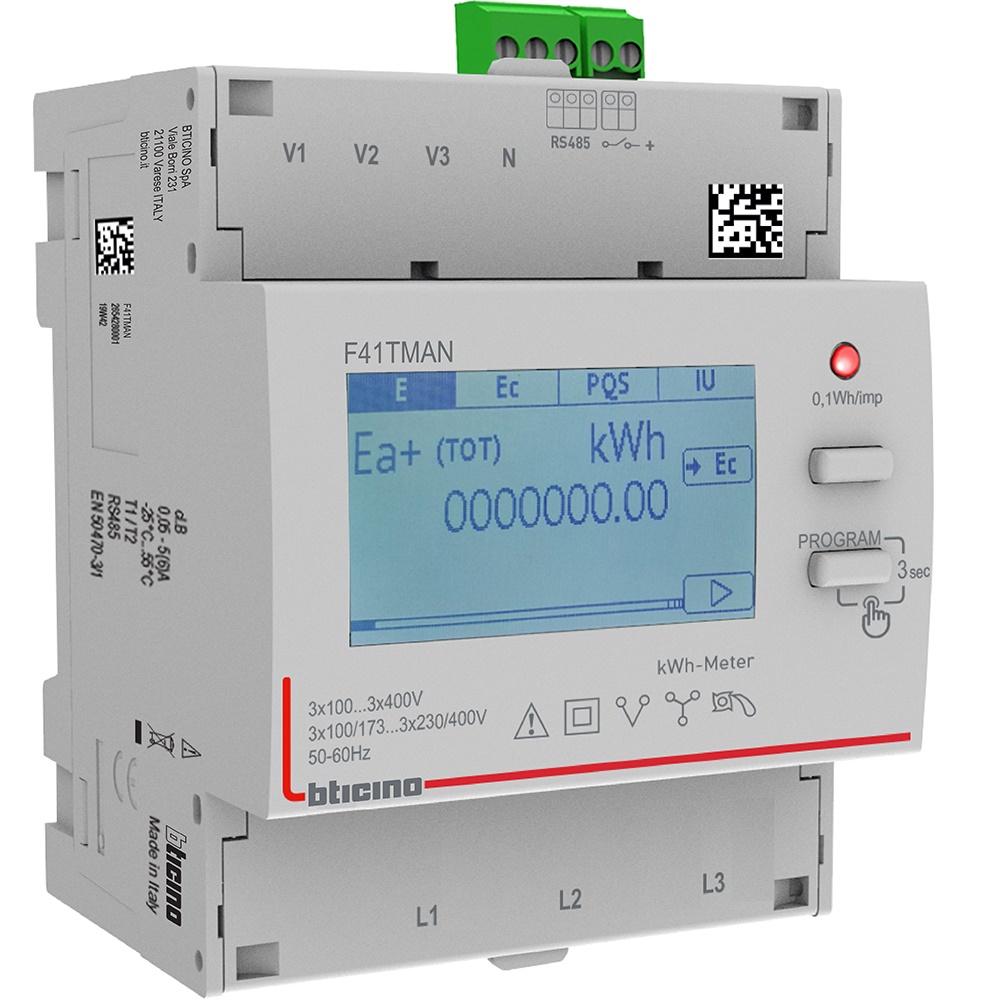 Contatore energia trifase con trasformatore corrente integrato, uscita RS485, 5A, 4 moduli, uso industriale e commerciale