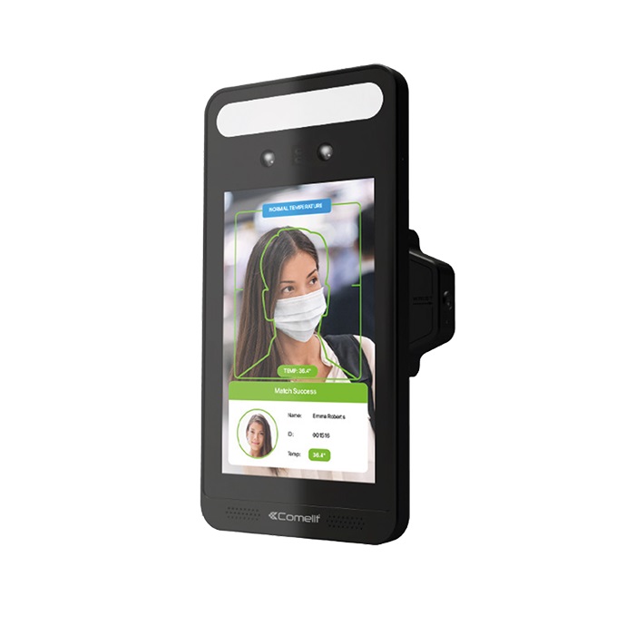 Pannello LCD 8 touch per riconoscimento facciale e misurazione temperatura polso senza contatto, distanza 0-5cm, range 32-43°C, accuratezza ±0.3°C