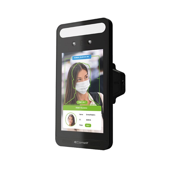 Pannello LCD 8 touch per riconoscimento facciale e misurazione temperatura polso senza contatto, distanza 0-5cm, range 32-43°C, accuratezza ±0.3°C