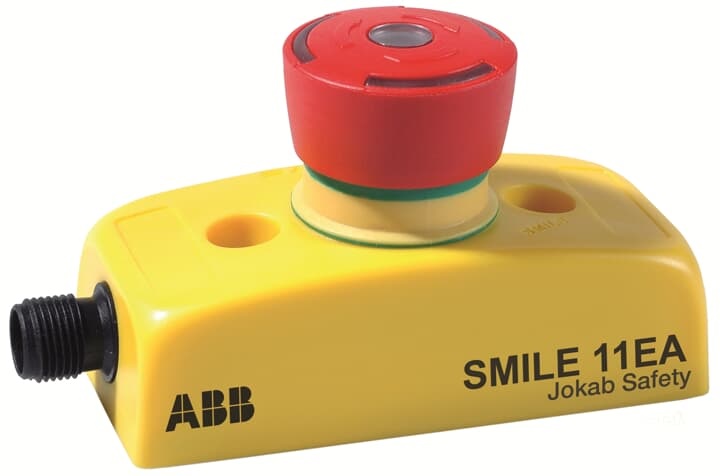 Pulsante arresto emergenza SMILE 11EA rosso base gialla connettore M12 uso industriale sicurezza macchine