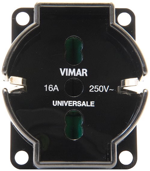 Frutto presa universale 2P+T 16A 250V nero per applicazioni standard italiane e tedesche
