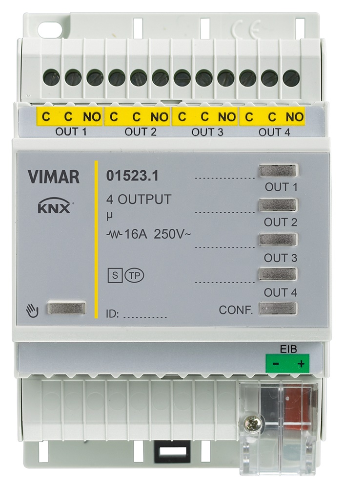 Attuatore 4 uscite relè 16A 250V multifunzione KNX per comando luci e tapparelle guida DIN