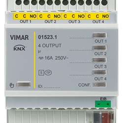 Attuatore 4 uscite relè 16A 250V multifunzione KNX per comando luci e tapparelle guida DIN