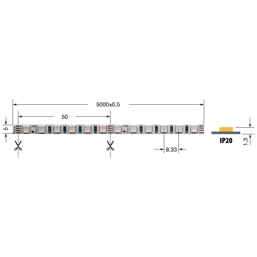 Striscia LED RGB 8W/m 24V IP20 flessibile per illuminazione interna decorativa e funzionale