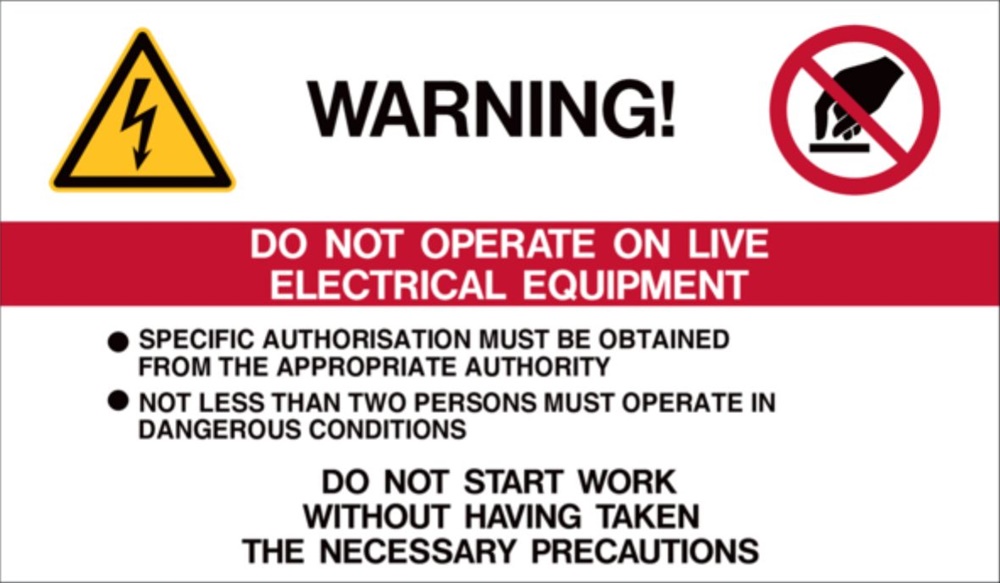 Etichetta adesiva divieto lavori apparecchiature elettriche 70x120 mm per impianti sicurezza
