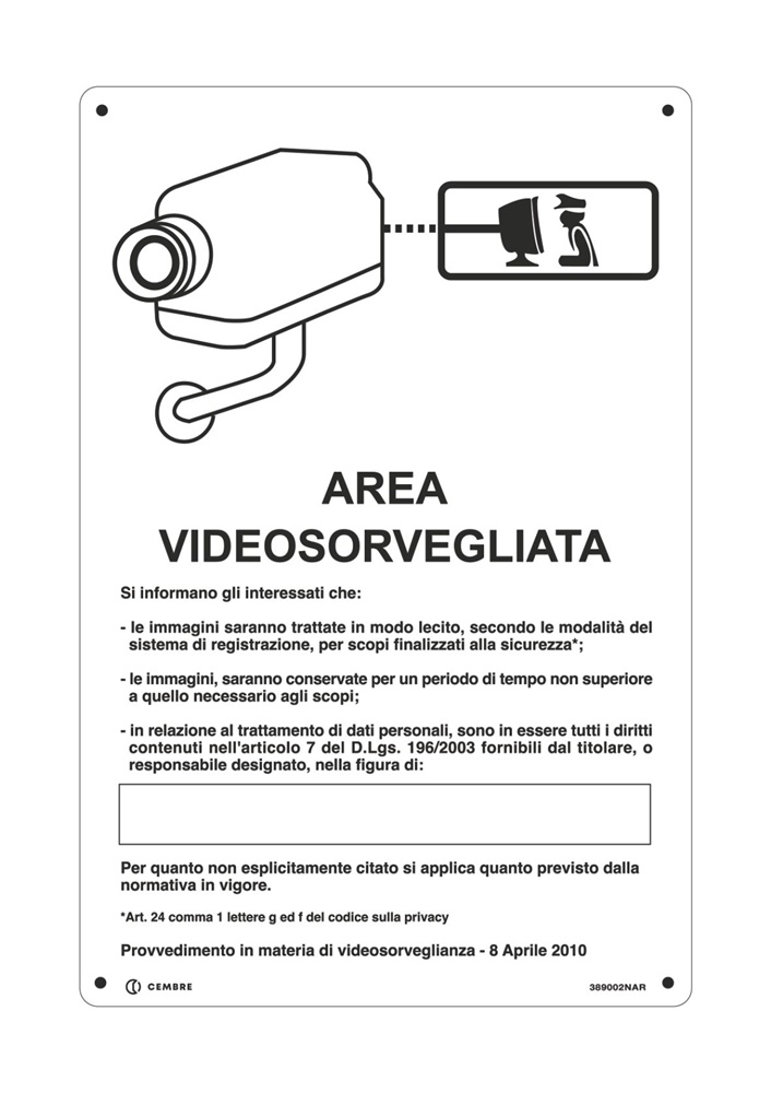 Targhetta alluminio 300x200 mm segnalazione videosorveglianza ambienti industriali