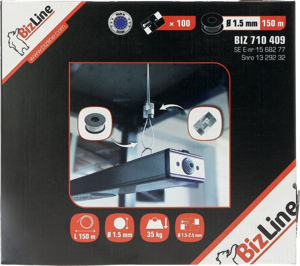 Kit sospensione all-in-one con cavetto Ø1,5 mm 150 m e 100 chiavistelli bloccanti per installazioni elettriche rapide e sicure fino a 35 kg