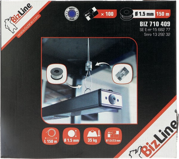 Kit sospensione all-in-one con cavetto Ø1,5 mm 150 m e 100 chiavistelli bloccanti per installazioni elettriche rapide e sicure fino a 35 kg
