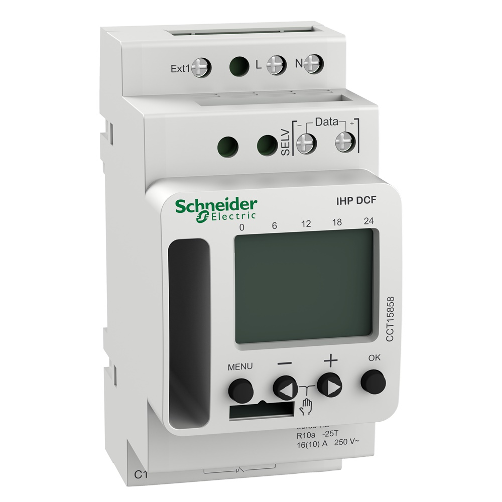 Interruttore orario programmabile digitale SMART Acti 9 IHP DCF 24h/7d per automazione carichi con ricezione segnale DCF