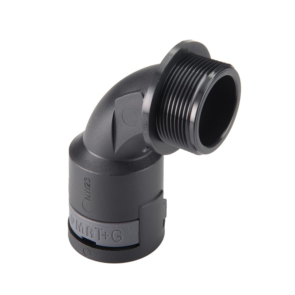 Raccordo angolare 90° DN29 PG29 in PA6 nero IP66 per impianti elettrici