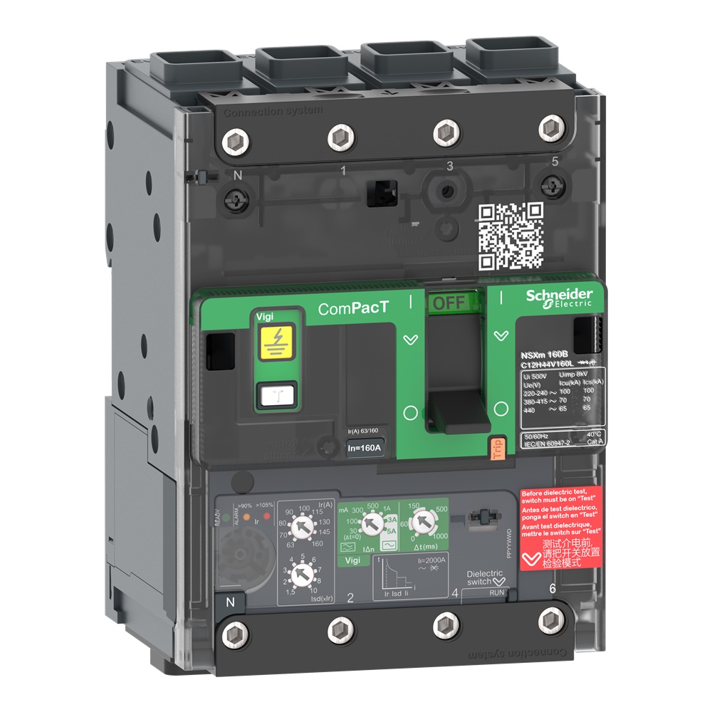 Interruttore ComPacT NSXm 100B 25kA 415VAC 4 poli MicroLogic 4.1 100A connettori EverLink