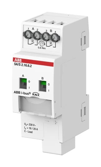 Attuatore KNX 2 canali 16A per carichi C, gestione energia, montaggio su guida DIN