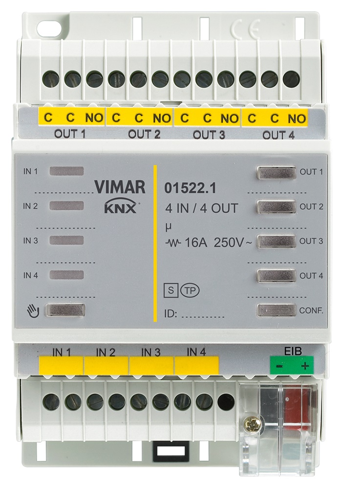Dispositivo KNX 4 ingressi digitali 4 uscite relè 16A comando luci tapparelle guida DIN