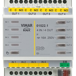 Dispositivo KNX 4 ingressi digitali 4 uscite relè 16A comando luci tapparelle guida DIN