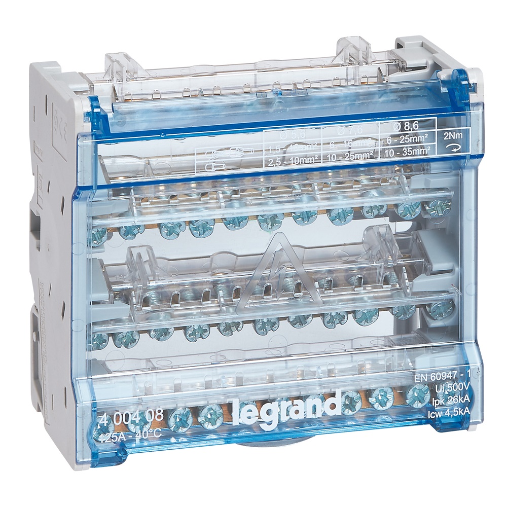 Ripartitore modulare tetrapolare 125A 6 moduli guida DIN35 cablaggio facilitato
