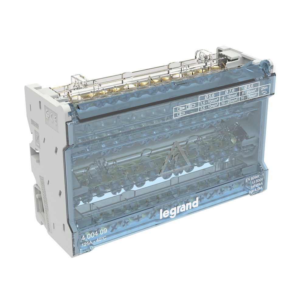 Ripartitore modulare 4 poli 125A 8 moduli per installazione su guida DIN35 con coperchio trasparente rotante
