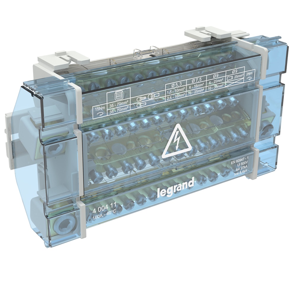 Ripartitore modulare tetrapolare 160A 10 moduli guida DIN35 cablaggio facilitato