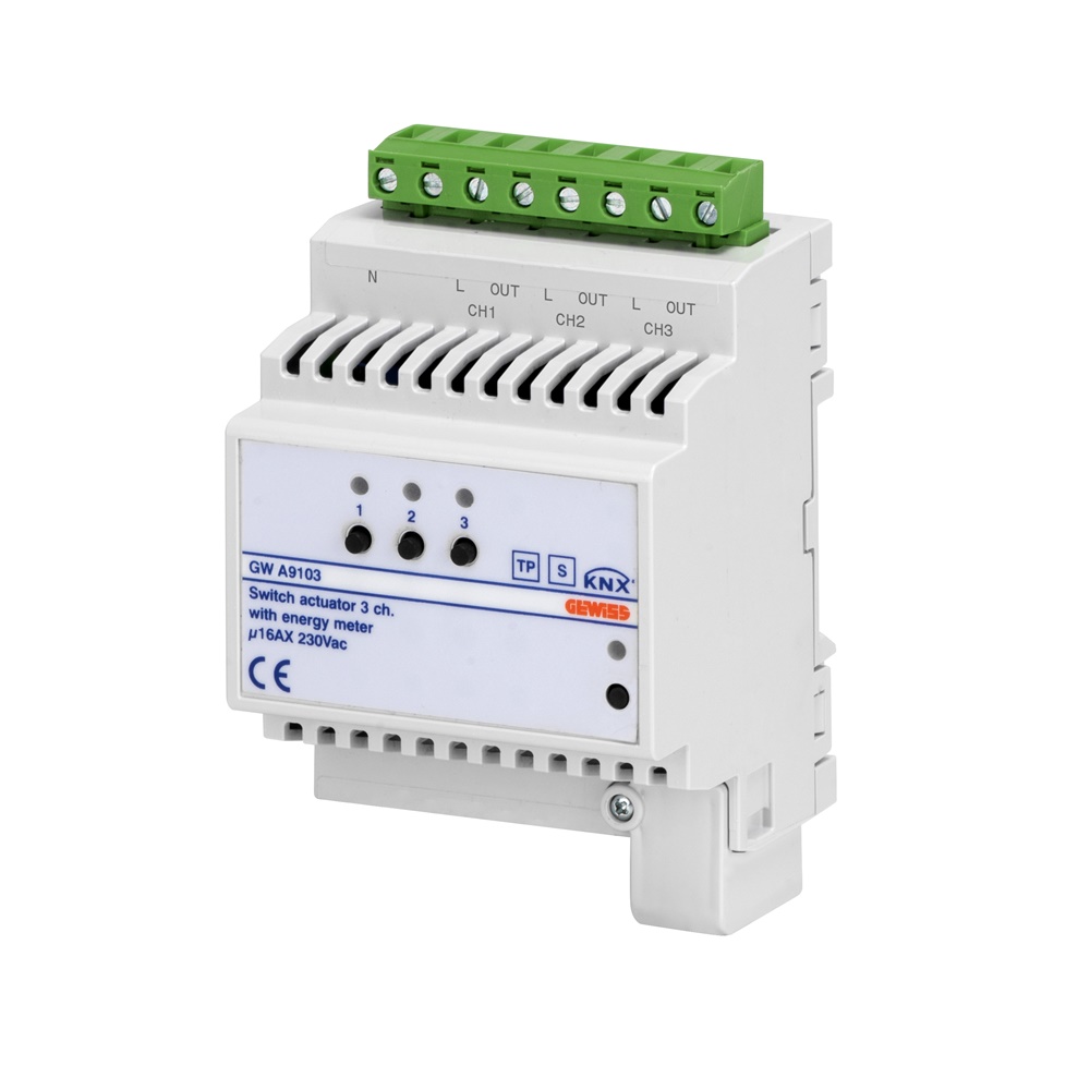 ATTUATORE ON/OFF CON MISURA ENERGIA - 3 CANALI - 16AX - KNX - IP20 - 4 MODULI DIN