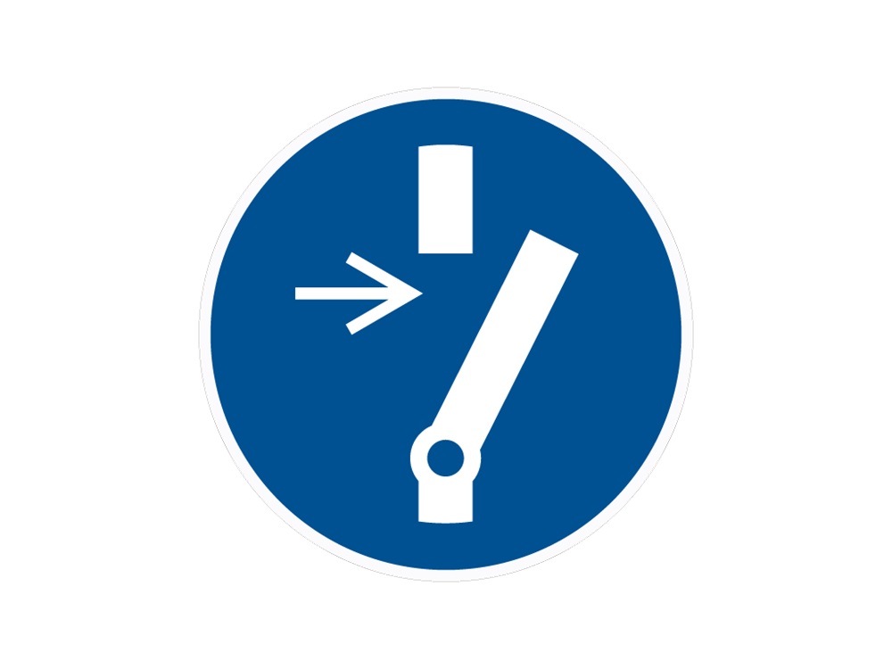 Etichetta adesiva prescrizione MS-BC simbolo interrompere circuito 50mm per segnalazione impianti e macchinari