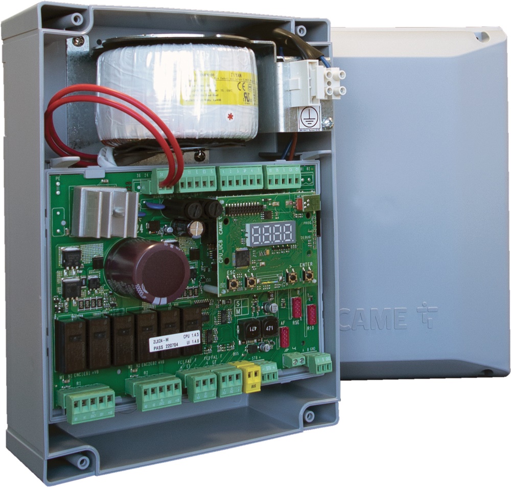 Quadro comando multifunzioni 24V per cancelli battenti con display programmazione e autodiagnosi