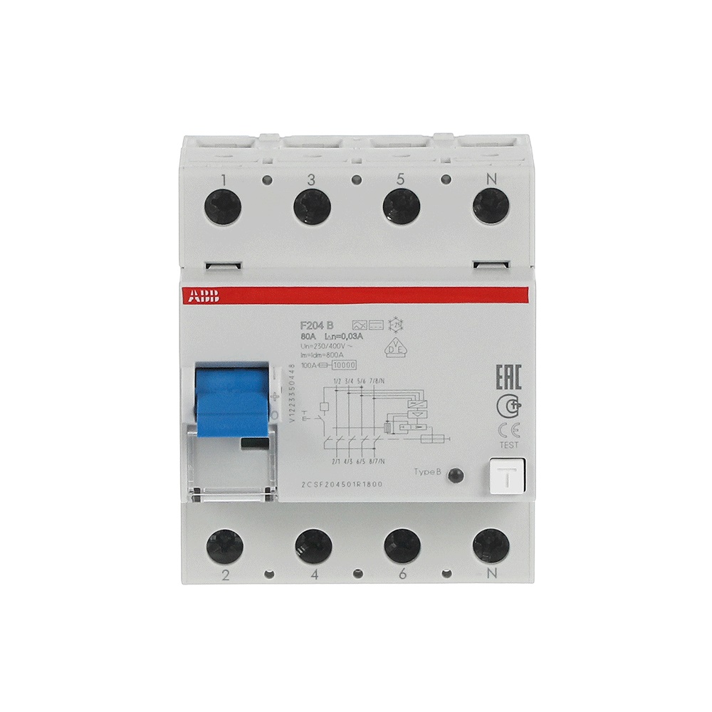 Interruttore salvavita F204 B-80 4 poli 30 mA 80 A protezione correnti di guasto DC
