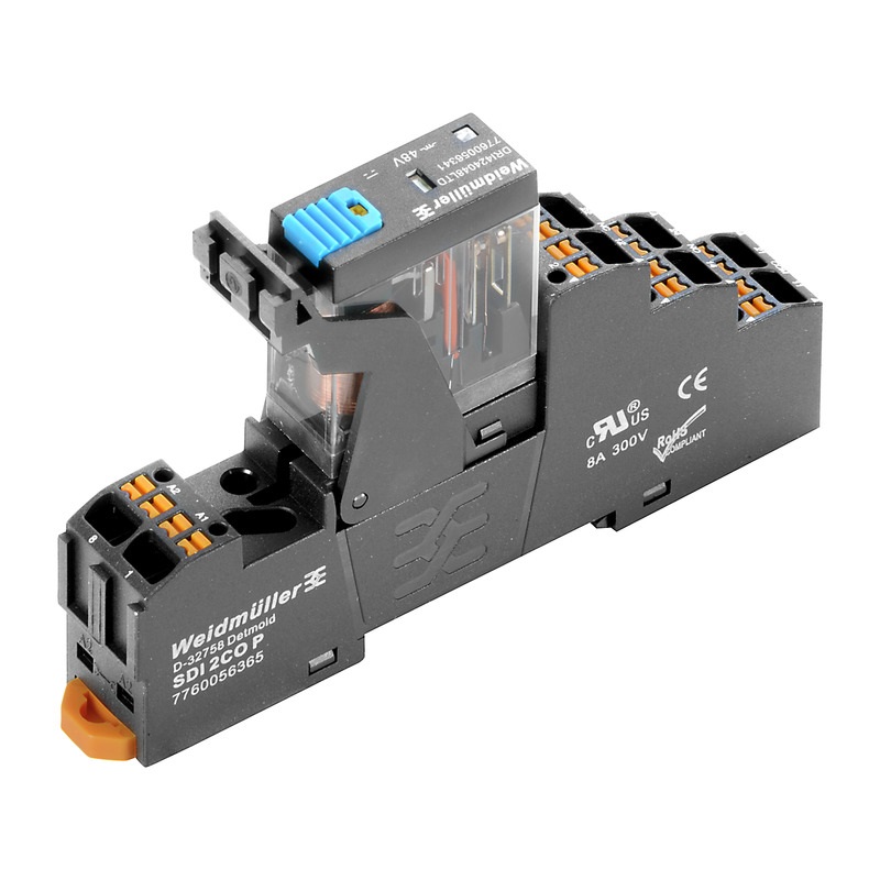 Modulo relè 24V DC 2 contatti scambio LED verde con tasto prova PUSH IN per automazione e controllo elettrico