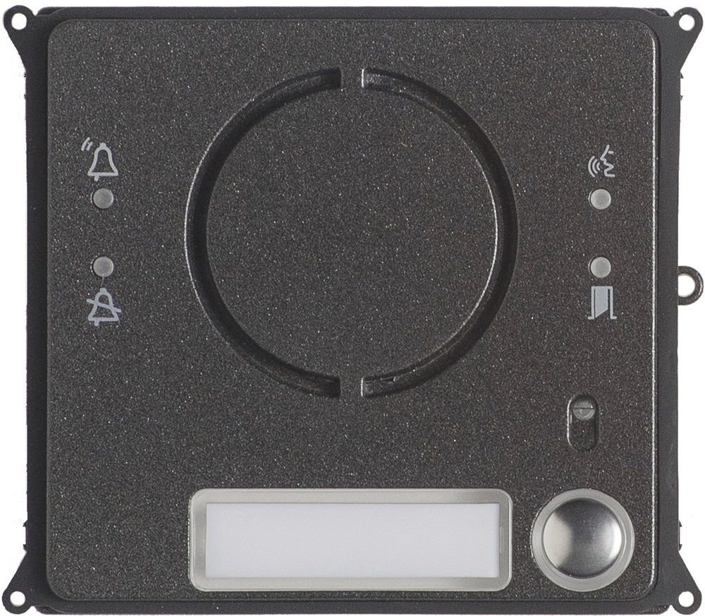 Pannello frontale audio singolo con pulsante e supporto policarbonato per sistemi citofonici residenziali e professionali
