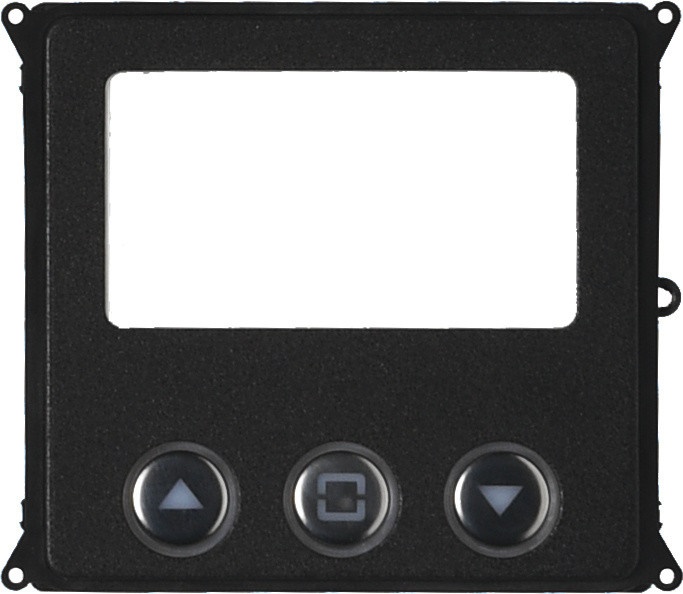 Modulo display frontale VR compatto con supporto policarbonato e tasti acciaio inox per applicazioni industriali e ambienti severi
