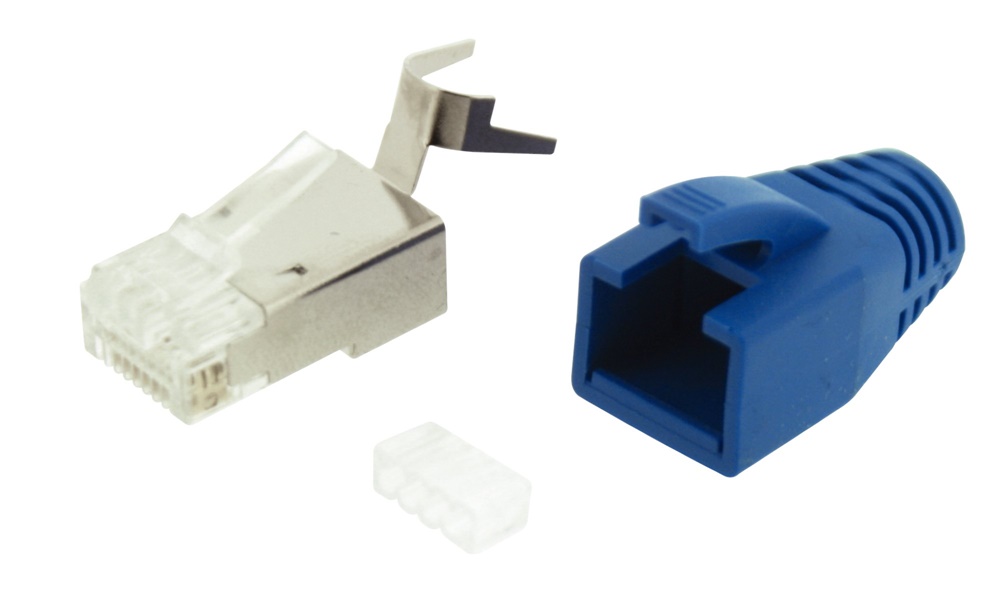 Connettore plug C6/C6A FTP con coperchio blu ergonomico per installazioni elettriche professionali