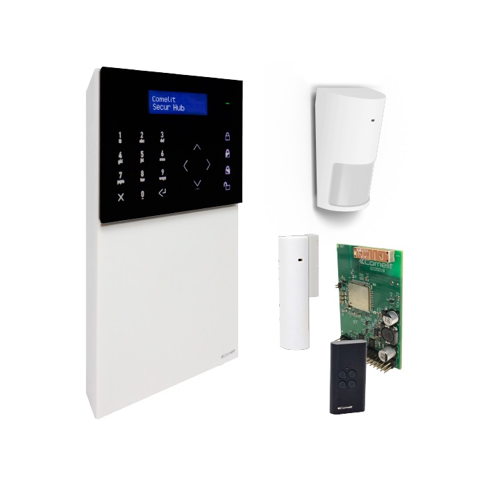 Serie Secur Hub - Kit centrale HUB32LCD + 2G + PIR + contatto magnetico + radiocomando, app Comelit