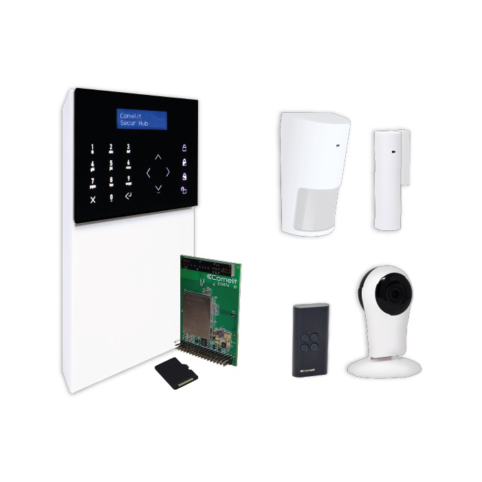Serie Secur Hub - Kit centrale HUB32LCD + 4G + PIR + contatto + radiocomando + telecamera Wi-Fi + SD 32GB