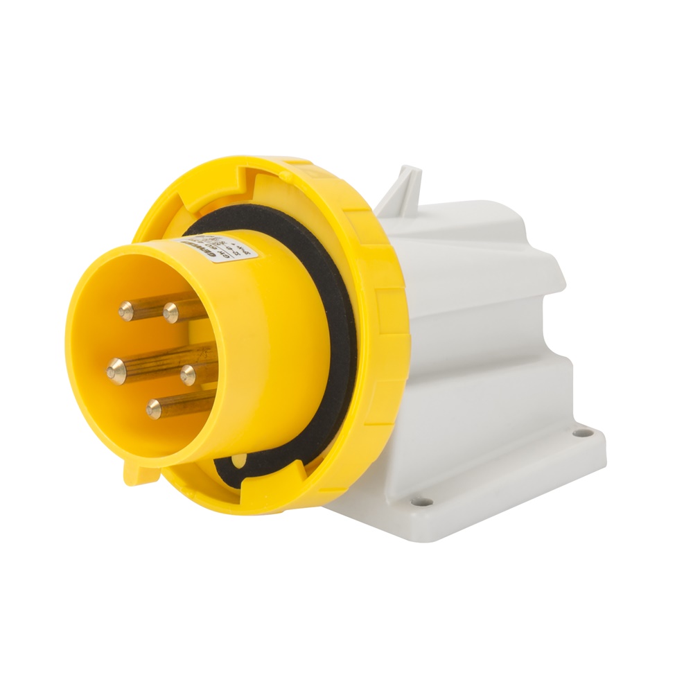 SPINA FISSA DA PARETE A 90° - IP67 - 3P+N+T 16A 100-130V 50/60HZ - GIALLO - 4H - CABLAGGIO A VITE
