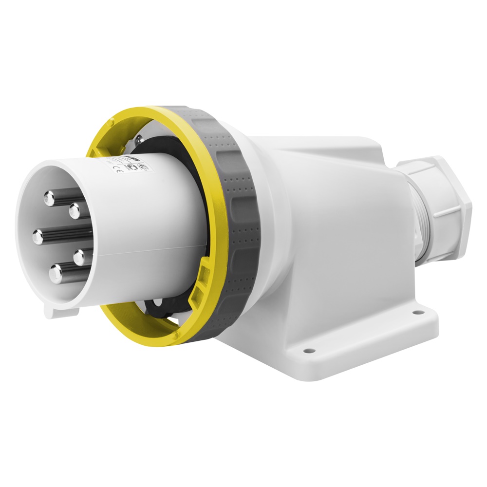 SPINA FISSA DA PARETE A 90° - IP67 - 3P+T 125A 100-130V 50/60HZ - GIALLO - 4H - CABLAGGIO A MANTELLO