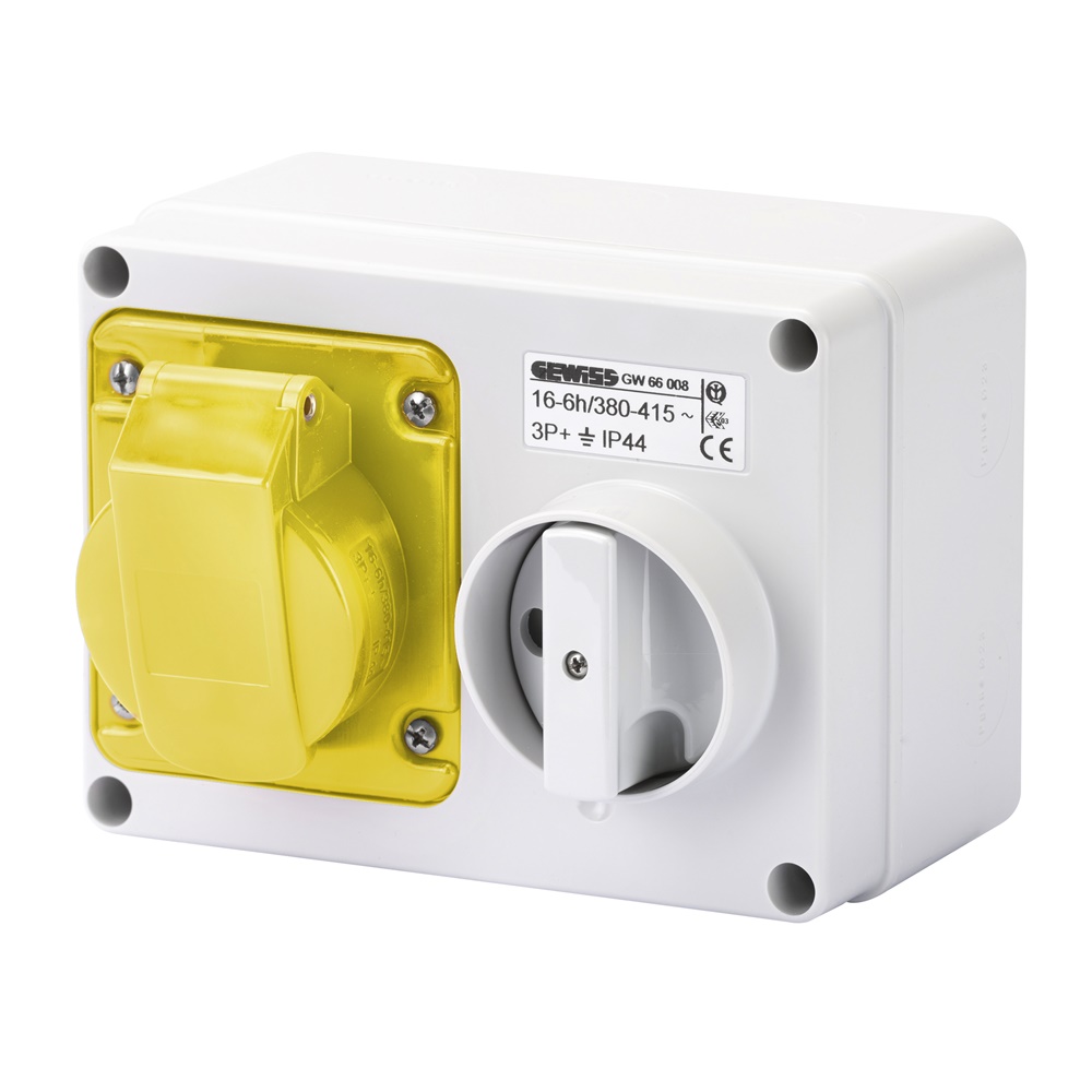 PRESA FISSA INTERBLOCCATA ORIZZONTALE - CON FONDO - SENZA BASE PORTAFUSIBILI - 2P+T 32A 100-130V - 50/60HZ 4H - IP44