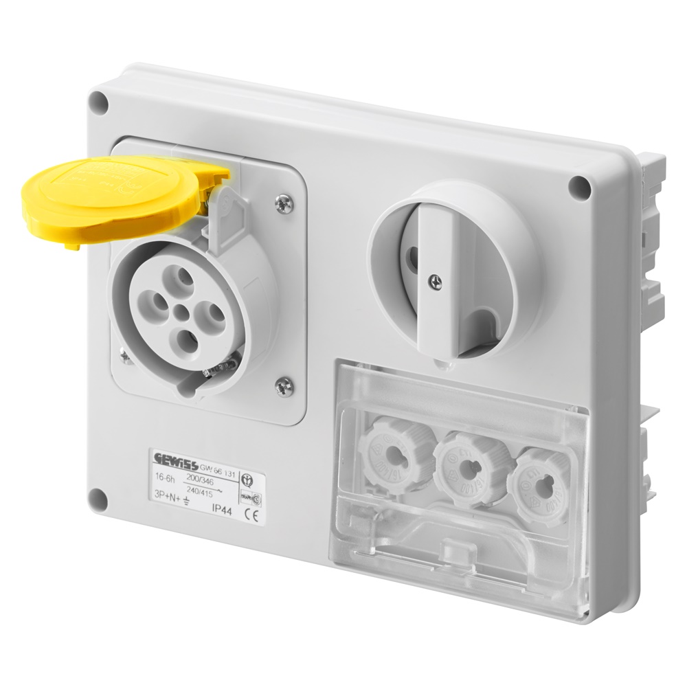 PRESA FISSA INTERBLOCCATA ORIZZONTALE - SENZA FONDO - CON BASE PORTAFUSIBILI - 3P+N+T 32A 100-130V - 50/60HZ 4H - IP44