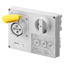 PRESA FISSA INTERBLOCCATA ORIZZONTALE - SENZA FONDO - CON BASE PORTAFUSIBILI - 3P+N+T 32A 100-130V - 50/60HZ 4H - IP44