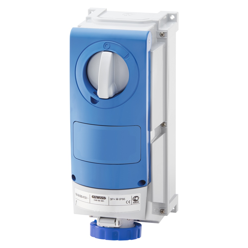 PRESA FISSA INTERBLOCCATA VERTICALE - CON FONDO - SENZA BASE PORTAFUSIBILI - IMPIEGHI GRAVOSI - 3P+N+T 16A 200 - 250V - 50/60HZ 9H - IP66
