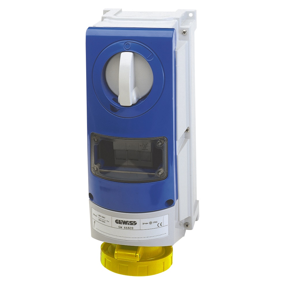 PRESA FISSA INTERBLOCCATA VERTICALE - CON FONDO - CON BASE PORTAFUSIBILI - 3P+T 32A 100-130V-50/60HZ 4H - IP66