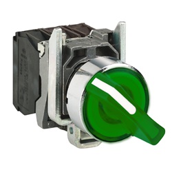 Selettore luminoso verde completo Ø22 3-pos. fisse 1NO+1NC 230V- LED universale