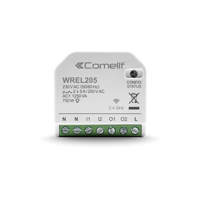 Serie WiFree - Modulo Wi-Fi gestione luci, 2 ingressi/2 uscite 5A, monitoraggio consumi, 750W max