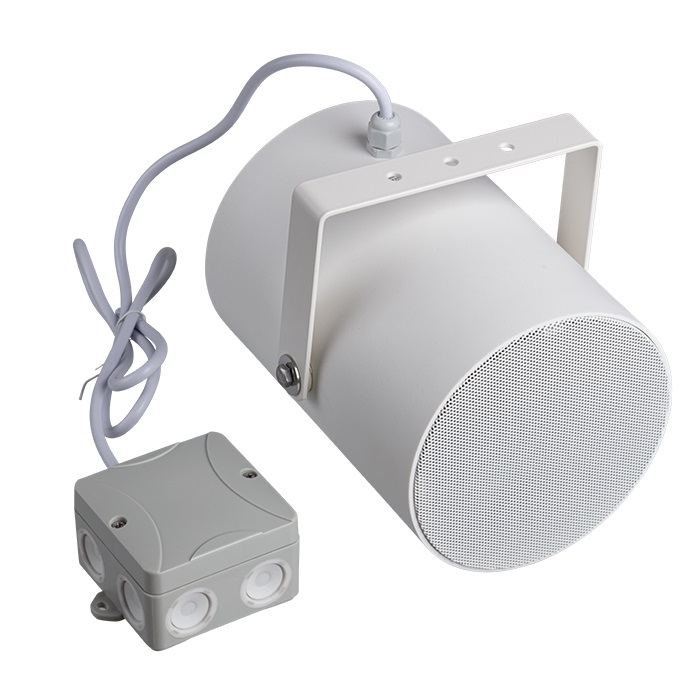 Proiettore bidirezionale 5+5W, ABS bianco IP56, 2 altoparlanti 130mm, 10/5/2,5W 100V, staffa alluminio, cavo 1m, scatola giunzione, EN54-24
