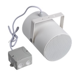 Proiettore bidirezionale 5+5W, ABS bianco IP56, 2 altoparlanti 130mm, 10/5/2,5W 100V, staffa alluminio, cavo 1m, scatola giunzione, EN54-24
