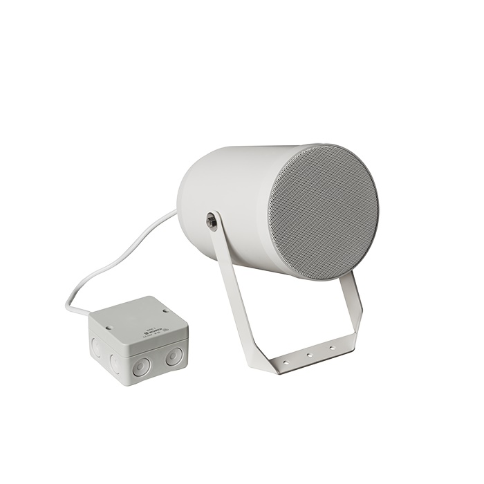 Proiettore monodirezionale 20W, ABS bianco IP66, altoparlante 130mm, staffa alluminio, cavo 1m, scatola giunzione, EN54-24