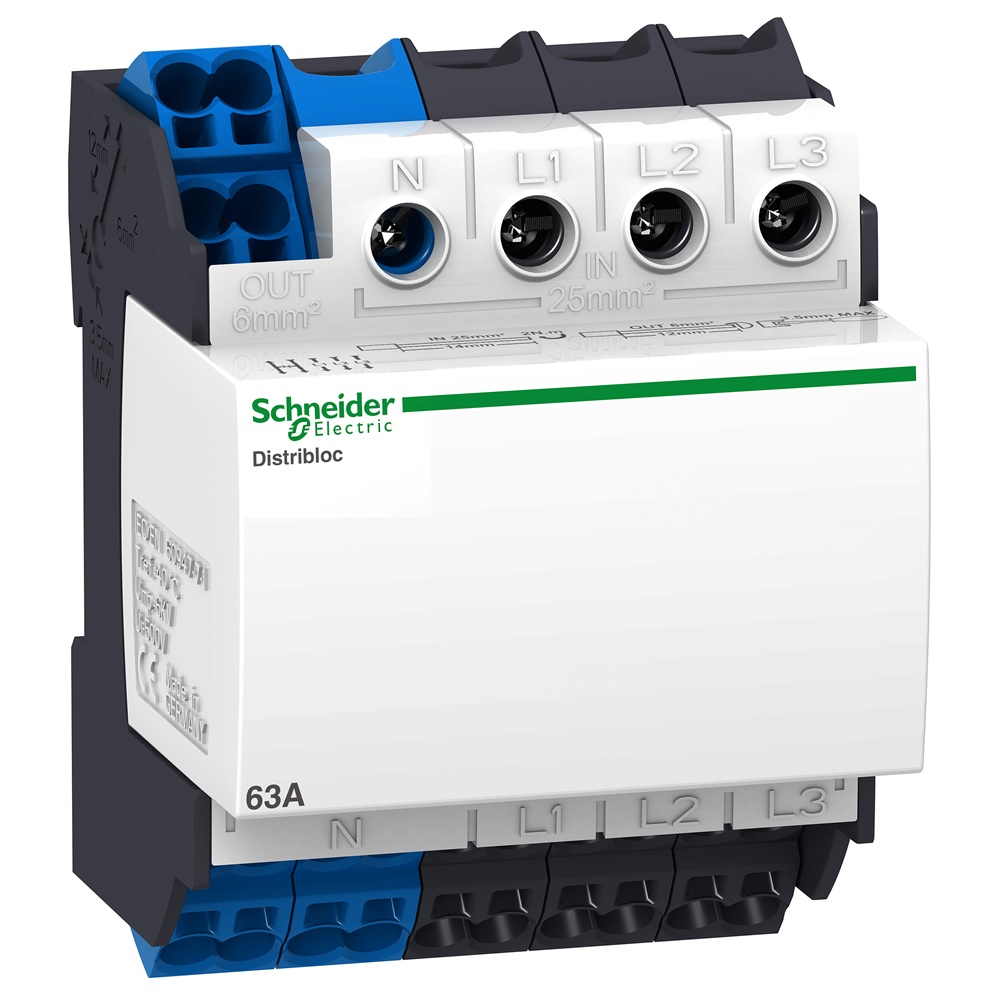 Blocco distribuzione Linergy DX 4 poli 63A 24 fori collegamento rapido guida DIN edifici residenziali e commerciali piccoli