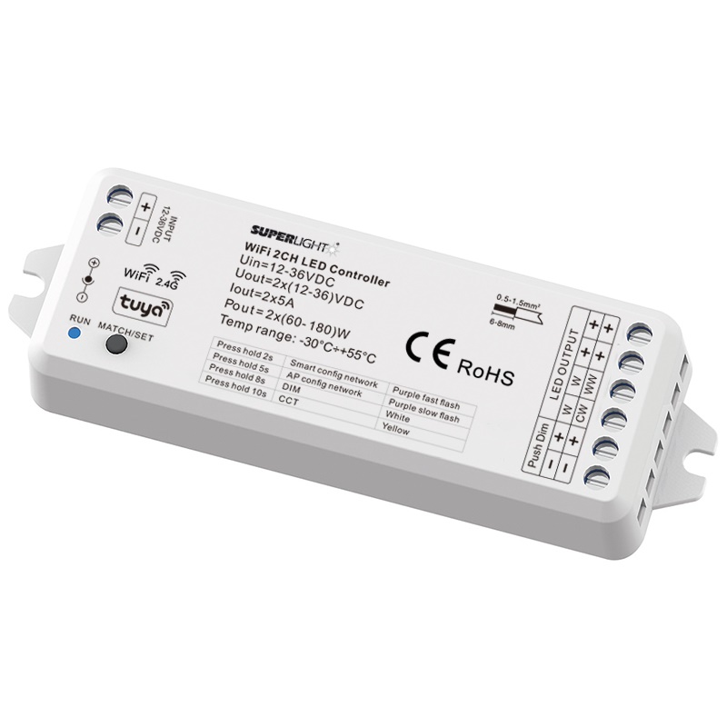Controller LED WiFi TUYA BI+CCT 2x5A controllo remoto strisce LED temperatura colore regolabile