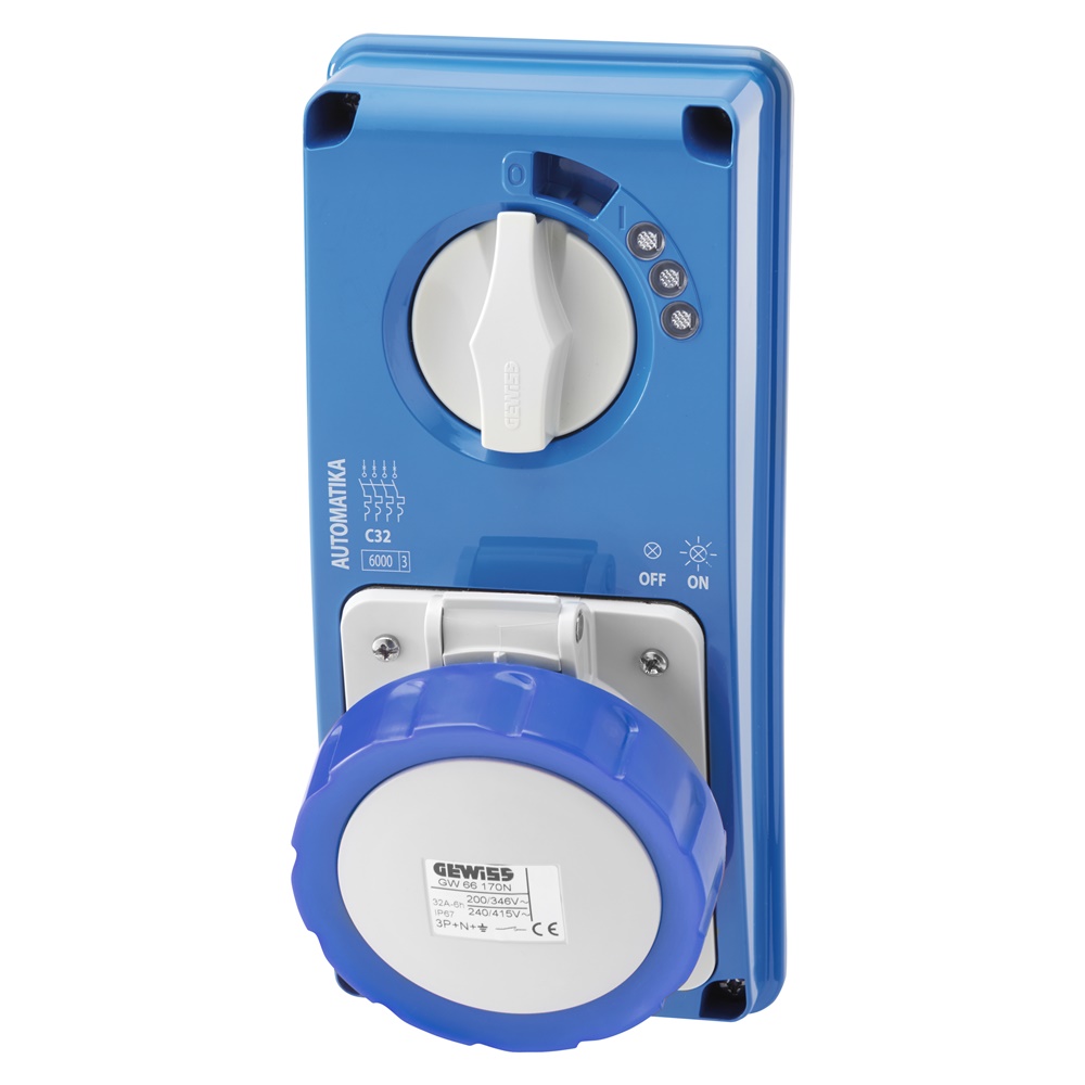 PRESA FISSA INTERBLOCCATA VERTICALE - AUTOMATIKA - MT 6KA CURVA C - SENZA FONDO - 3P+T 32A 200-250V - 50/60HZ 9H - IP67