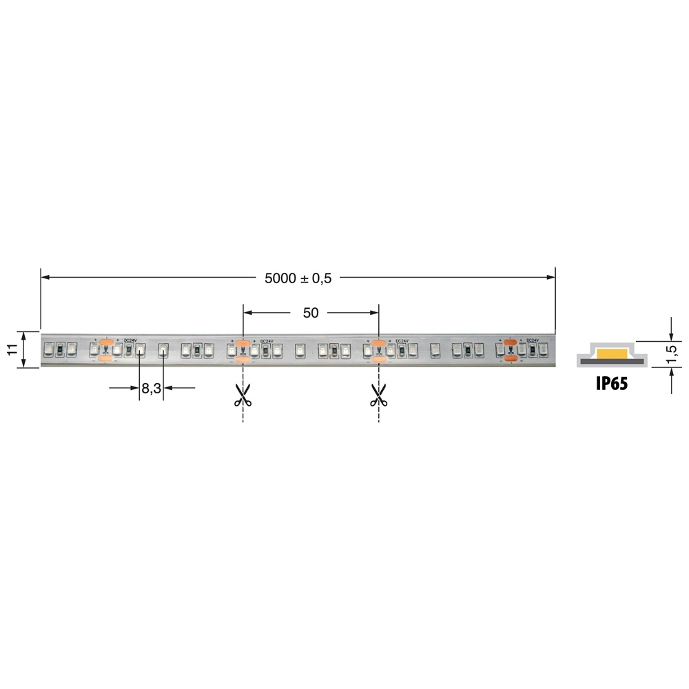 Striscia LED 9,6W/m 24V IP65 flessibile resistente per interni ed esterni