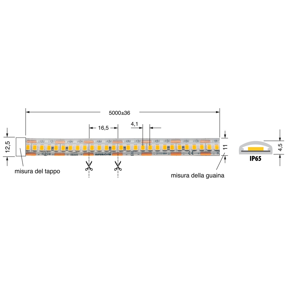 STRISCIA LED 13W/M 12V IP65 flessibile resistente polvere spruzzi per interno ed esterno