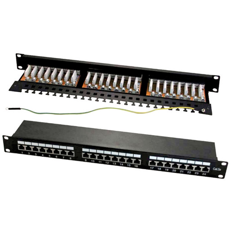 Pannello patch 24 posti RJ45 nero compatto per cablaggio reti dati e telecomunicazioni